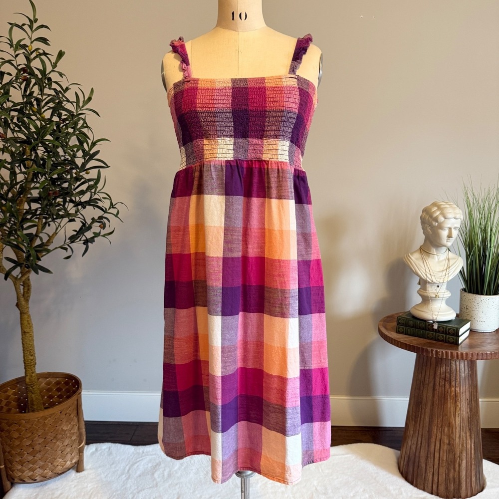 Plaid Smocked Sundress Cotton Pink Purple Midi Cottagecore Summer Dress 12 - Picture 2 of 10